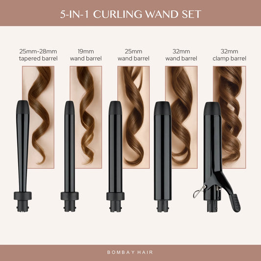 5-in-1 Curling wand set with interchangeable barrels, different types of curls - Bombay Hair