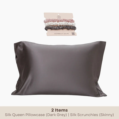 Dark Grey Silk Pillowcase (Queen) + Scrunchies