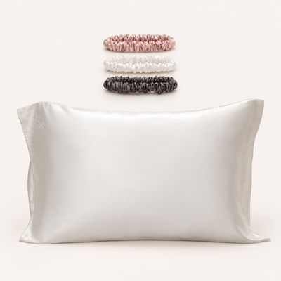White Silk Pillowcase (Queen) + Scrunchies — refreshed product image